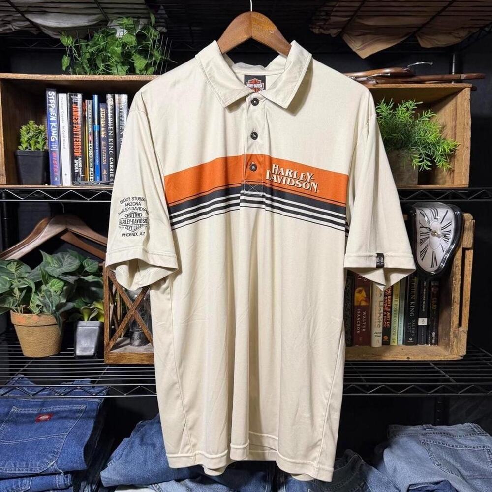 Harley Davidson Athletic Striped Polo Shirt Tan Orange Biker Tee Mens Large